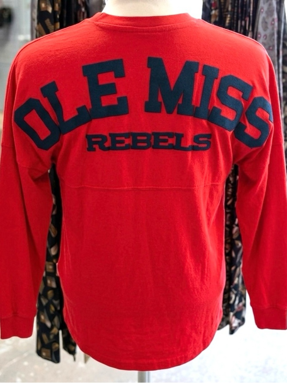 Pressbox Female Youth Ole Miss Long Sleeve Red Crewneck Shirt with Navy Script - Picture 2 of 7